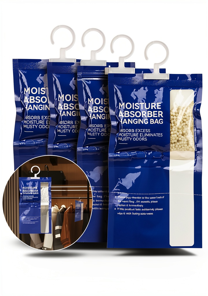 ZML dehumidifier bag hanging in a closet with visible water reservoir